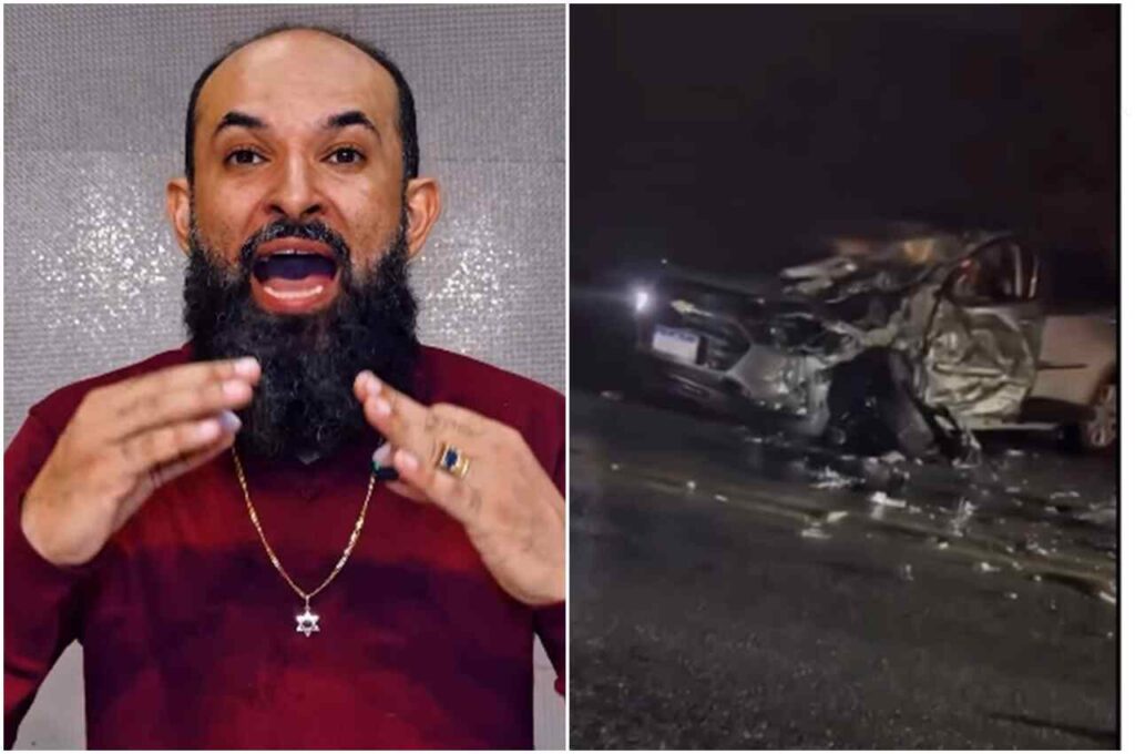 Apóstolo Ítalo Vieira e imagem de carro destruído após acidente.