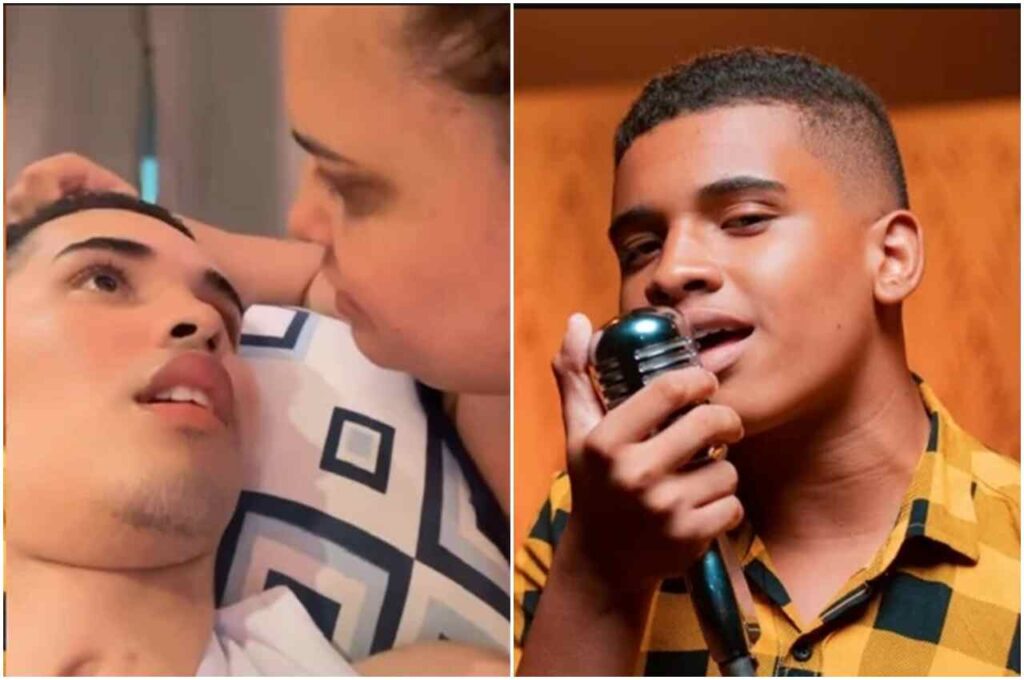 Cantor Kaiky Mello aparece ao lado da mãe em um momento pessoal e, em outra imagem, durante apresentação musical com microfone.