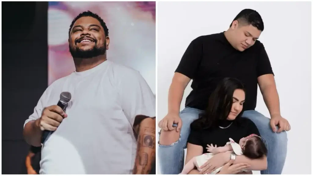 Lukas Agustinho aparece com microfone ao lado de registro do baterista João com a esposa e a filha