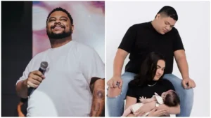 Lukas Agustinho aparece com microfone ao lado de registro do baterista João com a esposa e a filha