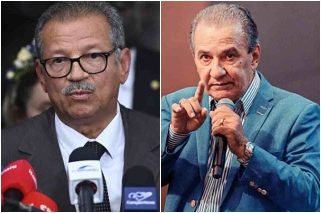 Sebastião Coelho e Silas Malafaia aparecem em imagens distintas; Coelho concede entrevista à imprensa, enquanto Malafaia fala ao microfone durante evento.