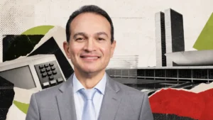 Davi Sacer, candidato a deputado federal, em arte com o Congresso Nacional e urna eletrônica ao fundo