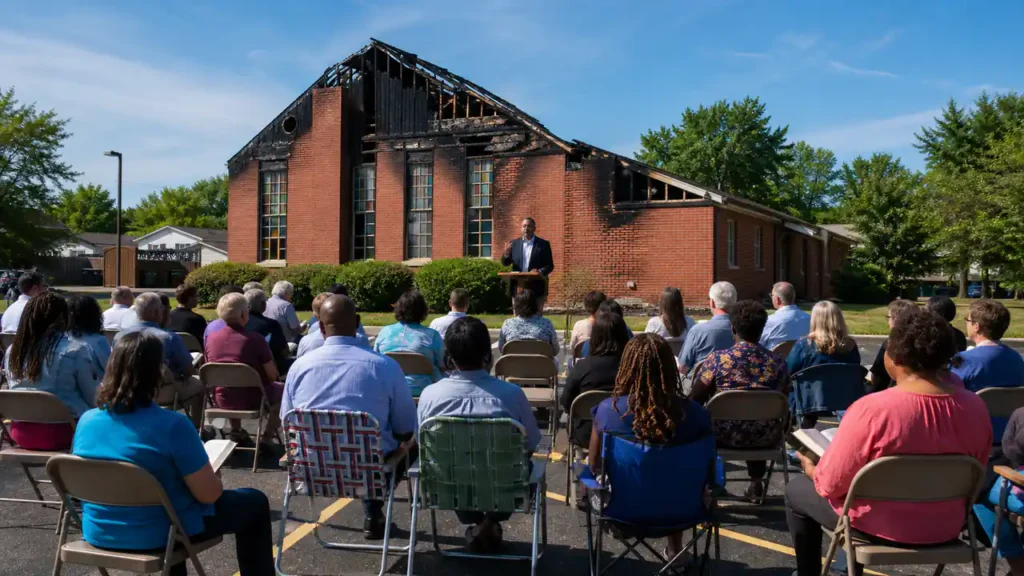 Ilustração de culto ao ar livre diante de igreja atingida por incêndio