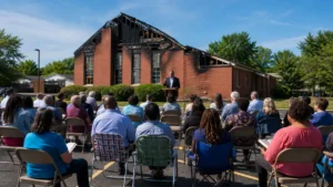 Ilustração de culto ao ar livre diante de igreja atingida por incêndio