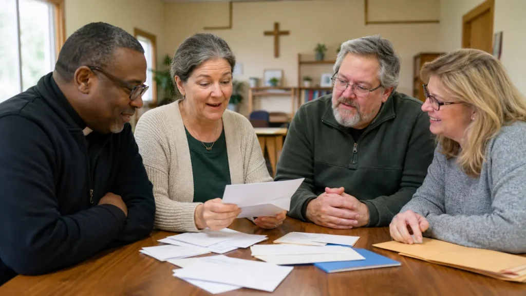 Líderes cristãos analisam documentos durante ação comunitária