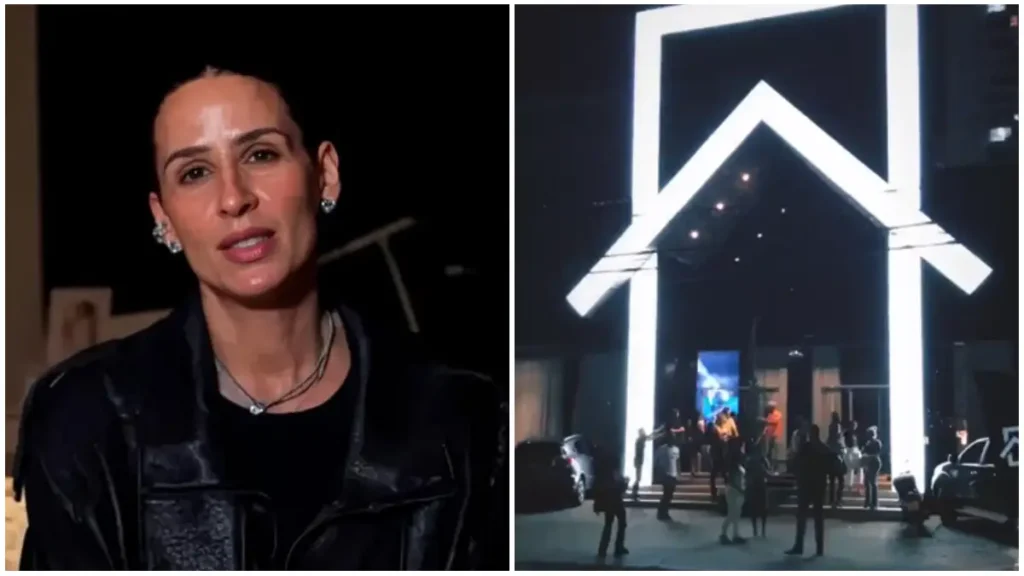 Pastora Giovanna ao lado da fachada iluminada da Igreja Casa durante cobertura sobre a instituição religiosa