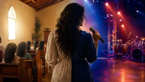 Ilustração de cantora entre uma igreja e um palco de música popular