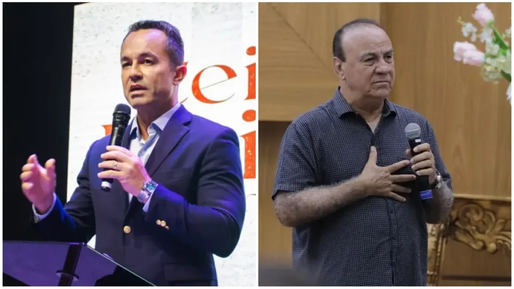 Pastores Stefano Aguiar e Mário de Oliveira aparecem em montagem durante ministrações em igrejas evangélicas, ilustrando reportagem sobre lideranças cristãs