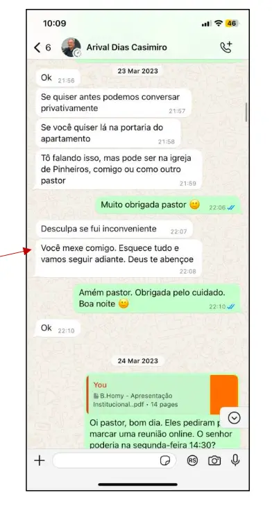 Print de conversa no WhatsApp atribuída ao pastor Arival Dias Casimiro com uma ex-funcionária, com mensagens trocadas em março de 2023