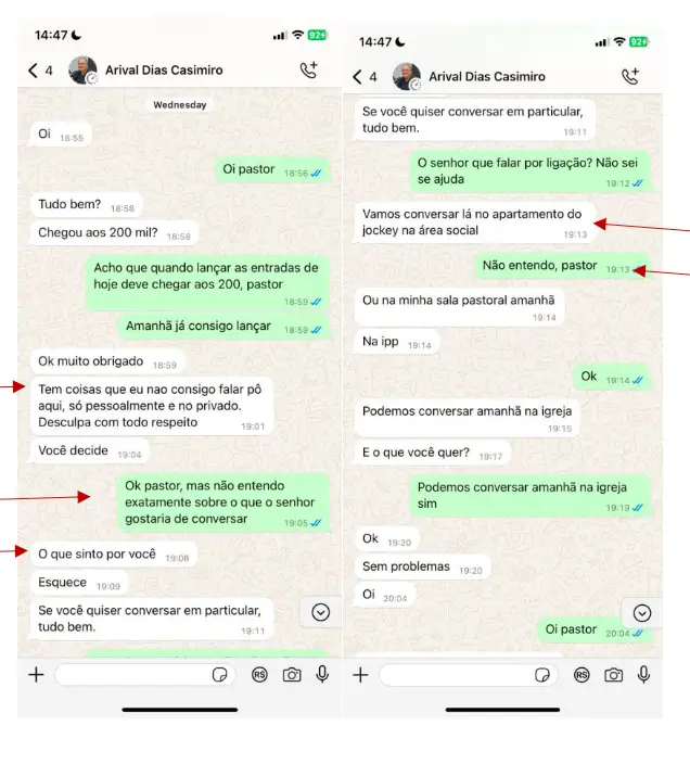 Prints de conversa no WhatsApp atribuída ao pastor Arival Dias Casimiro com uma ex-funcionária, com mensagens sobre encontro para conversa particular