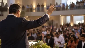 Pastor levanta a mão para abençoar fiéis no fim de um culto evangélico