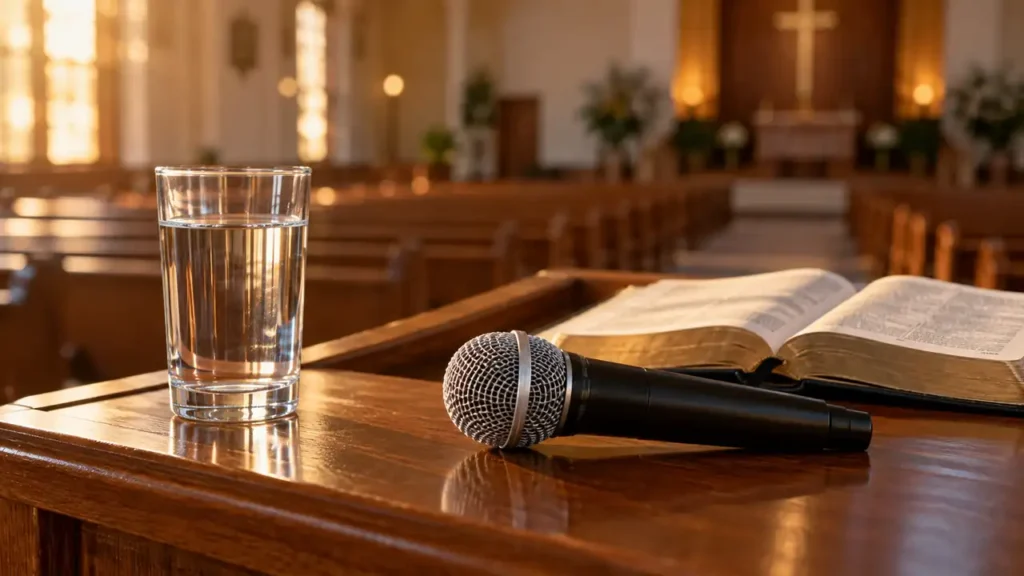 Copo de água, microfone e Bíblia aberta sobre um púlpito de igreja