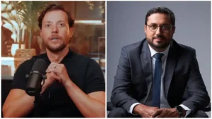 André Valadão diante de microfone e Flávio Félix em retrato de terno