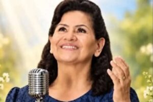 Cantora gospel Sara Araújo sorrindo durante apresentação com microfone vintage e uma das mãos levantada.