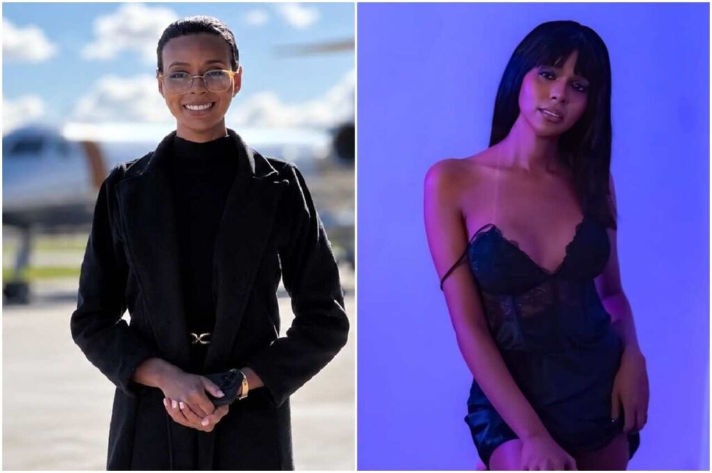 Ella Viana aparece em duas fotografias, uma usando roupa social preta e óculos e outra com look preto em ambiente iluminado por luzes roxas.