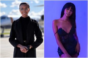 Ella Viana aparece em duas fotografias, uma usando roupa social preta e óculos e outra com look preto em ambiente iluminado por luzes roxas.