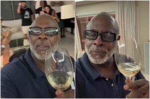 Kleber Lucas aparece em duas selfies usando óculos escuros e segurando uma taça de vinho branco durante um momento de confraternização.