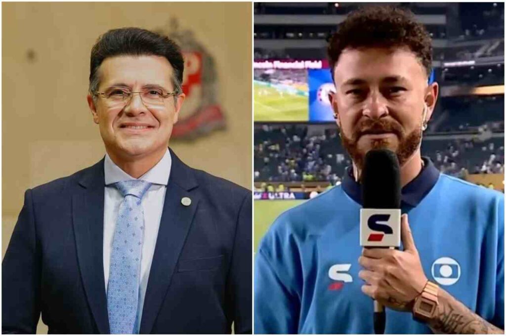 Montagem com Marcelo Aguiar, de terno azul-marinho e gravata azul-clara, à esquerda, e o jornalista Fred, de camisa azul, segurando um microfone durante uma transmissão esportiva, à direita.