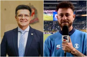 Montagem com Marcelo Aguiar, de terno azul-marinho e gravata azul-clara, à esquerda, e o jornalista Fred, de camisa azul, segurando um microfone durante uma transmissão esportiva, à direita.