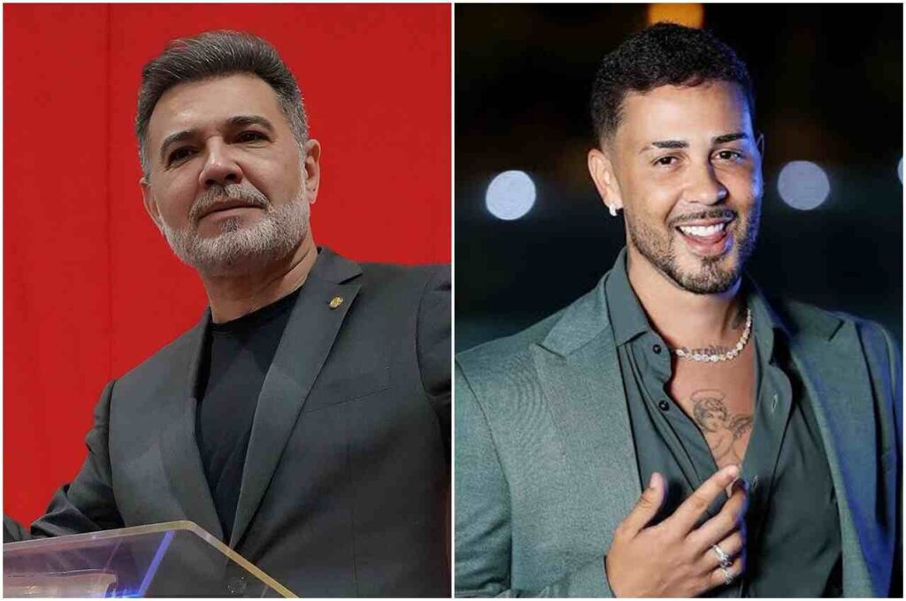 Pastor e deputado federal Marco Feliciano e influenciador Carlinhos Maia aparecem em montagem com fotos individuais.