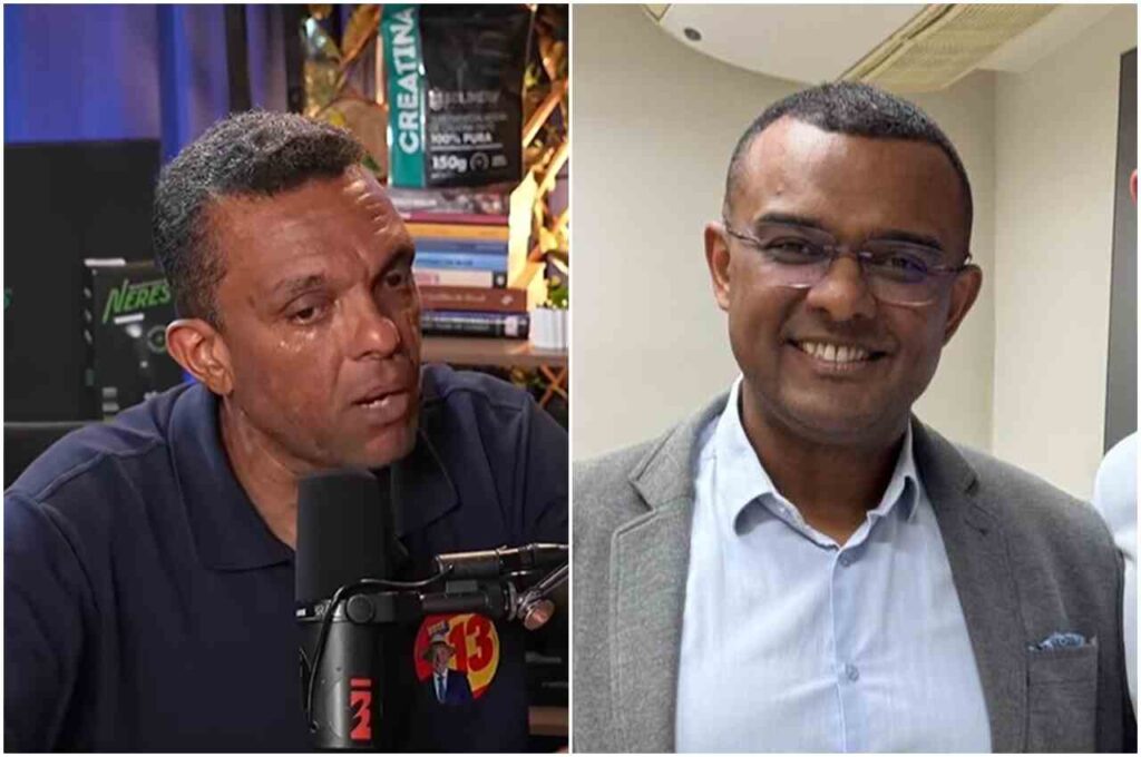 Montagem com duas fotografias de Otoni e Renato de Paula: à esquerda, Otoni participa de uma entrevista em um estúdio de podcast; à direita, Renato de Paula sorri usando blazer cinza e camisa azul-clara.