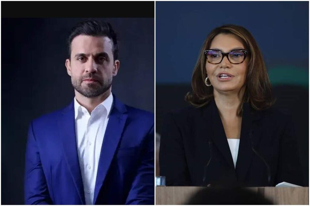 Pablo Marçal e Janja aparecem em montagem com duas fotografias, ele usando terno azul e camisa branca, e ela com óculos, blazer preto e blusa branca.