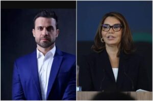Pablo Marçal e Janja aparecem em montagem com duas fotografias, ele usando terno azul e camisa branca, e ela com óculos, blazer preto e blusa branca.
