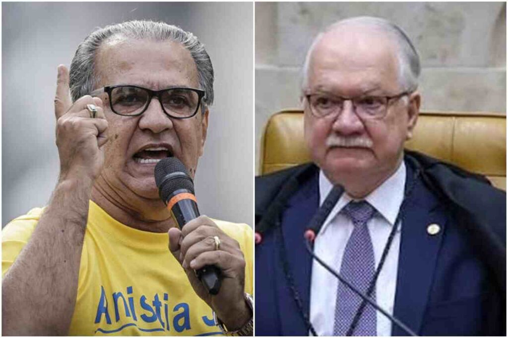 Montagem com o pastor Silas Malafaia falando ao microfone, usando camiseta amarela e óculos pretos, ao lado do ministro Edson Fachin, que aparece de terno e gravata em um ambiente institucional.