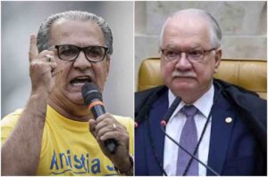 Montagem com o pastor Silas Malafaia falando ao microfone, usando camiseta amarela e óculos pretos, ao lado do ministro Edson Fachin, que aparece de terno e gravata em um ambiente institucional.