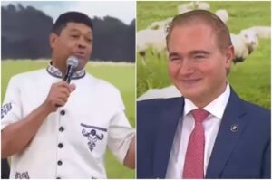Valdemiro Santiago e Martin de Luca aparecem em montagem de imagens, com o líder religioso segurando um microfone e o advogado usando terno e gravata.