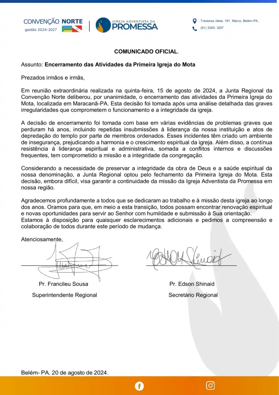 Comunicado da Convenção Norte anuncia encerramento da Primeira Igreja do Mota em Maracanã