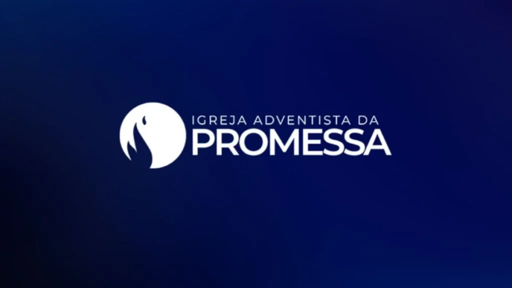 Logotipo branco da Igreja Adventista da Promessa sobre fundo azul