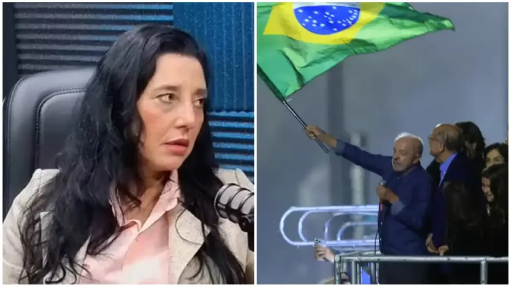 Pastora Danielle Barreto de um lado, e Lula segurando a bandeira do Brasil - @Reprodução